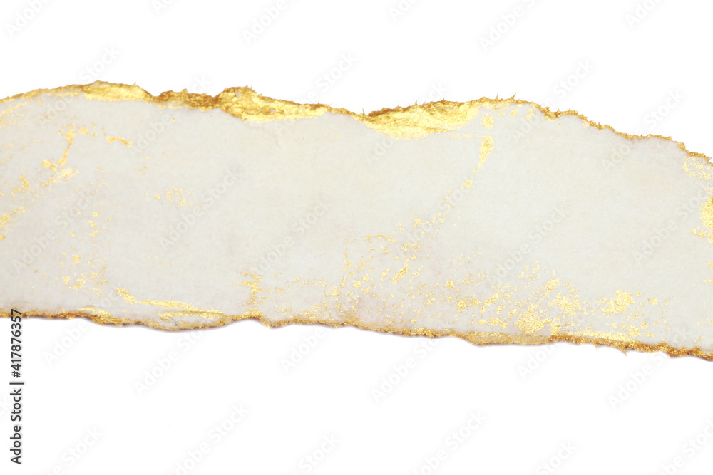 Torn piece of edge paper on white horizontal long background. Gold and bronze color marble texture.