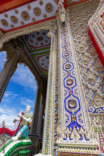 Mosaic Ceramic Abstract Wall In Wat Bang lamung Thai Temple,Beautiful detail of traditional Thai art decorated made from ceramic tile ,Art of borken mosaic interior and decorate at Banglamung Temple , photo