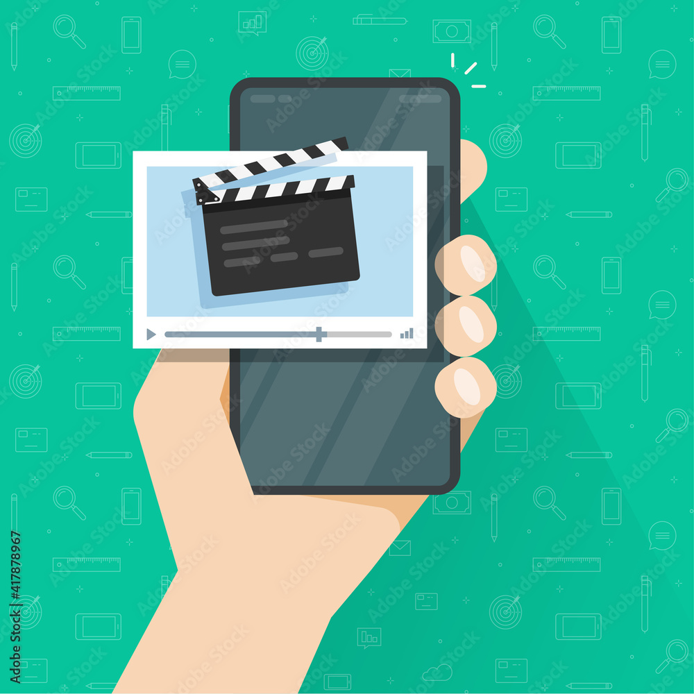 Person man with video movie content creation or editing application on cellphone mobile phone vector, film editor on smartphone flat cartoon illustration, cinema video player modern design Person man with video movie content creation or editing application on cellphone mobile phone vector, film editor on smartphone flat cartoon illustration, cinema video player modern design