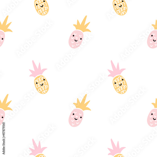 Summer pastel face pineapple seamless design. Pattern for bed linen and apparel. Nordic ananas yellow and pink fun pattern. Cute baby style textile fabric cartoon ornament