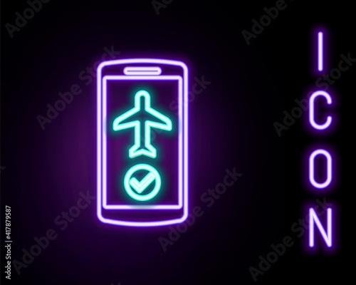 Glowing neon line Flight mode in the mobile phone icon isolated on black background. Airplane or aeroplane flight offline mode passenger regulation airline . Colorful outline concept. Vector.