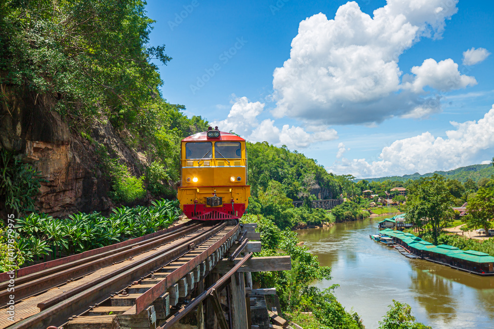 Naklejka premium Death Railway with train Famous place in Kanchanaburi Thailand