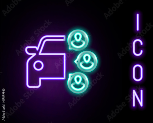 Glowing neon line Car sharing with group of people icon isolated on black background. Carsharing sign. Transport renting service concept. Colorful outline concept. Vector.