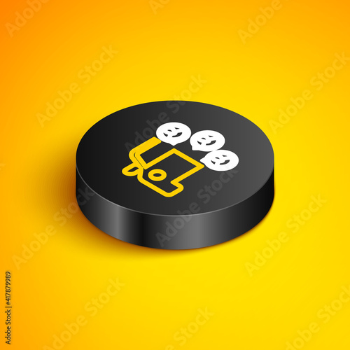 Isometric line Car sharing with group of people icon isolated on yellow background. Carsharing sign. Transport renting service concept. Black circle button. Vector.
