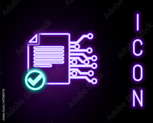 Glowing neon line Smart contract icon isolated on black background. Blockchain technology, cryptocurrency mining, bitcoin, altcoins, digital money market. Colorful outline concept. Vector.