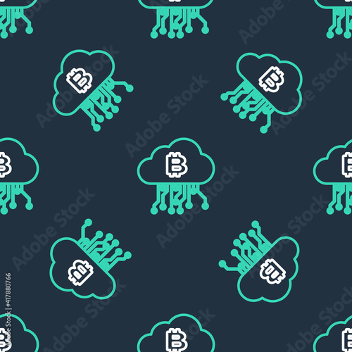 Line Cryptocurrency cloud mining icon isolated seamless pattern on black background. Blockchain technology, bitcoin, digital money market, cryptocoin wallet. Vector.