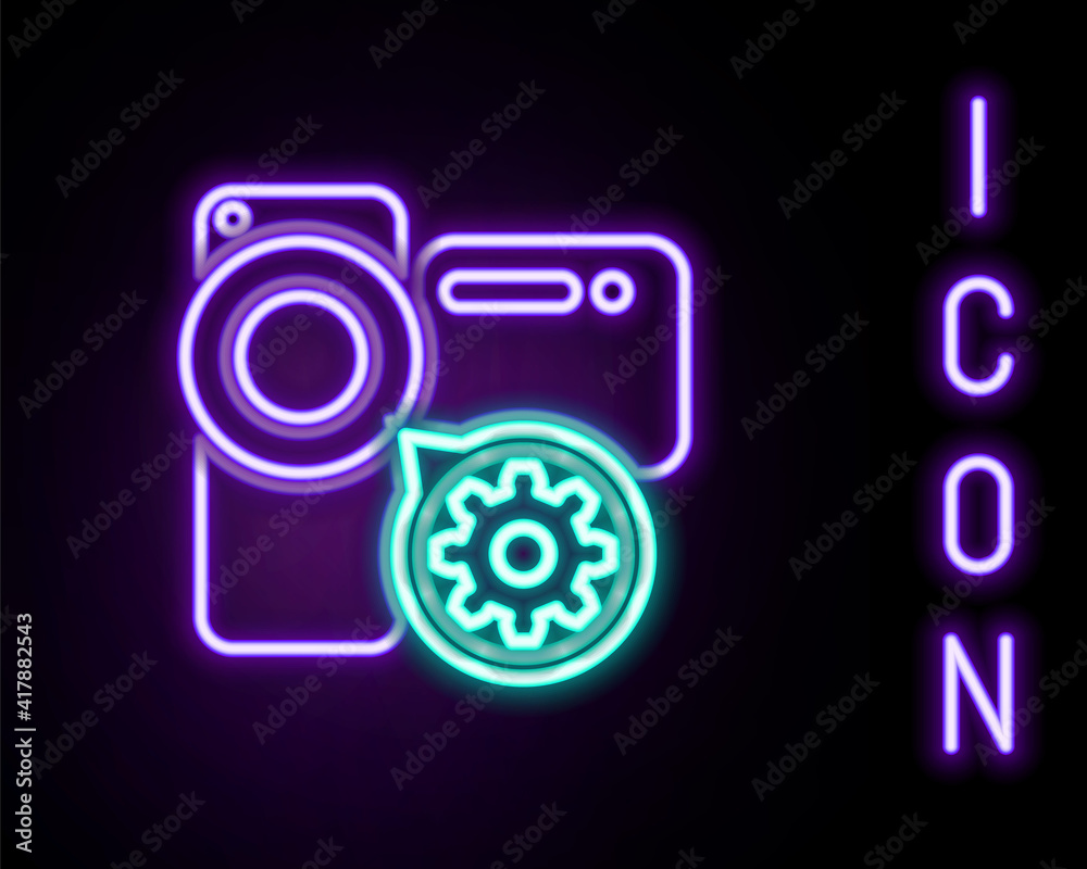 Glowing neon line Video camera and gear icon isolated on black background. Adjusting app, service concept, setting options, maintenance, repair, fixing. Colorful outline concept. Vector. Glowing neon line Video camera and gear icon isolated on black background. Adjusting app, service concept, setting options, maintenance, repair, fixing. Colorful outline concept. Vector.
