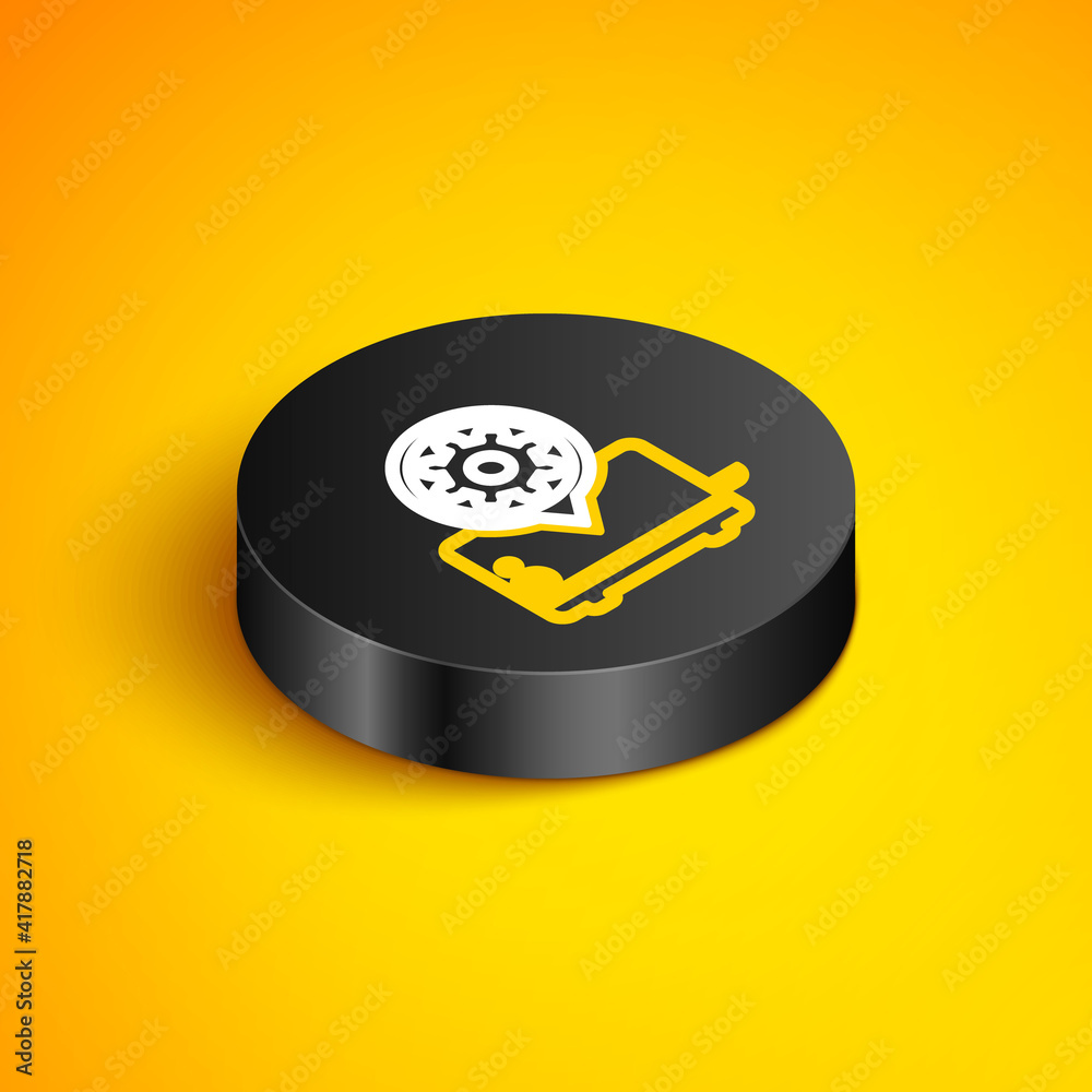 Isometric line Toaster and gear icon isolated on yellow background. Adjusting app, service concept, setting options, maintenance, repair, fixing. Black circle button. Vector. Isometric line Toaster and gear icon isolated on yellow background. Adjusting app, service concept, setting options, maintenance, repair, fixing. Black circle button. Vector.