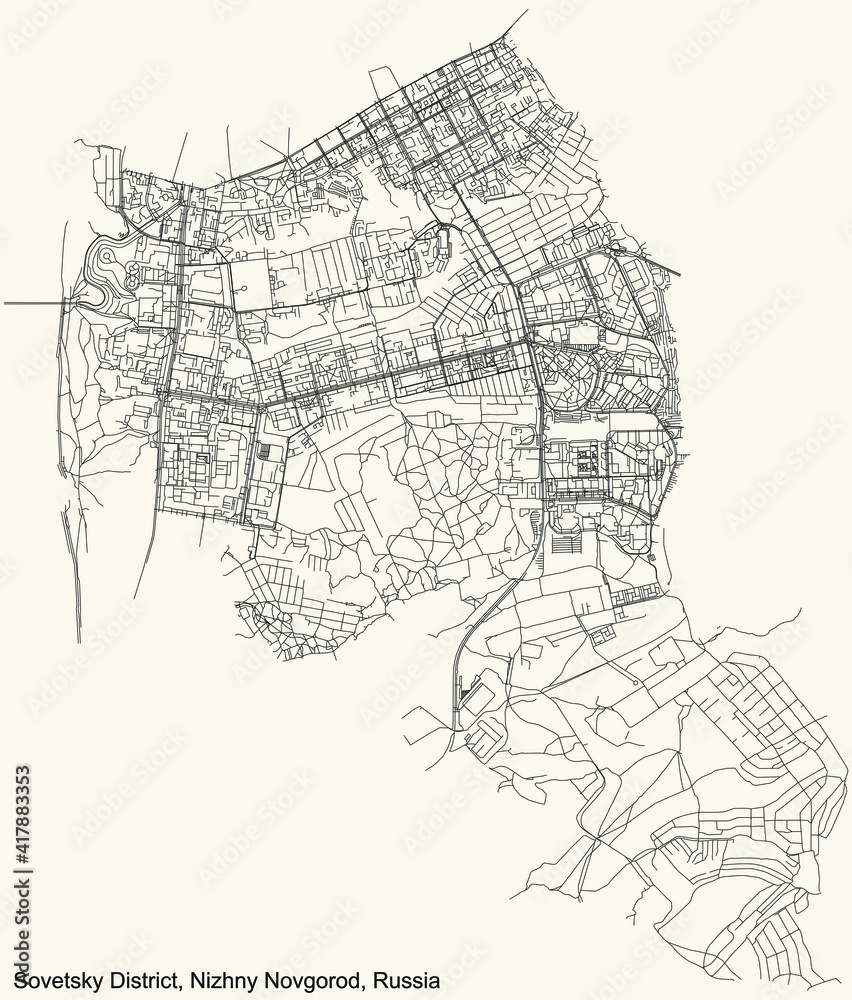 Fototapeta premium Black simple detailed street roads map on vintage beige background of the quarter Sovetsky District (raion) of Nizhny Novgorod, Russia