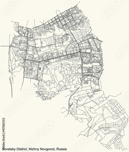 Black simple detailed street roads map on vintage beige background of the quarter Sovetsky District (raion) of Nizhny Novgorod, Russia
