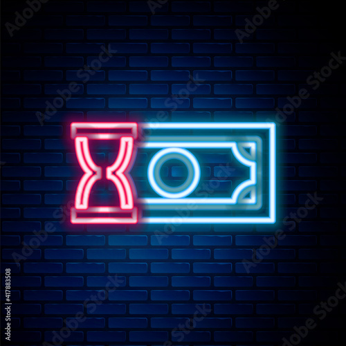 Glowing neon line Fast payments icon isolated on brick wall background. Fast money transfer payment. Financial services, fast loan, time is money, cash back concept. Colorful outline concept. Vector.