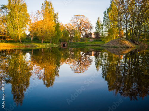 Beautiful Tree Reflection in Lake on Sunny Day - Autumn Colors