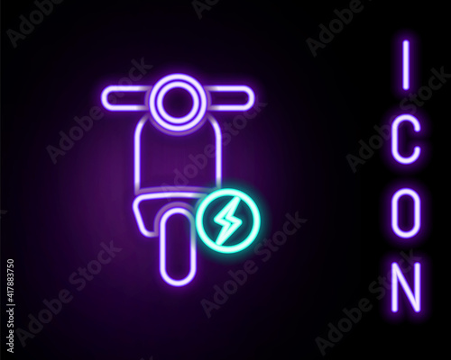 Glowing neon line Electric scooter icon isolated on black background. Colorful outline concept. Vector.