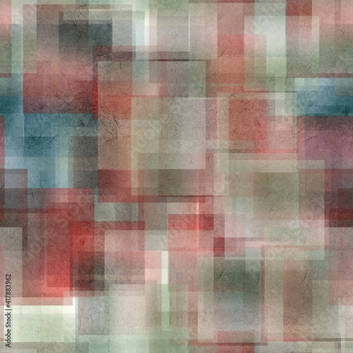 Seamless overlaid geometric shape pattern print. High quality illustration. Transparent rectangles filled with gradient colors scattered. Handmade paper texture overlay.
