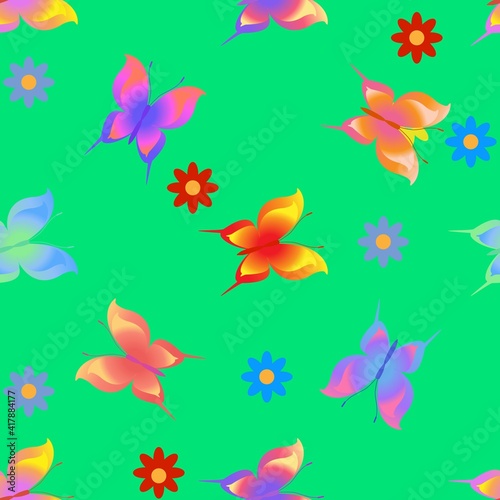 Summer pattern with flower, butterfly on green
