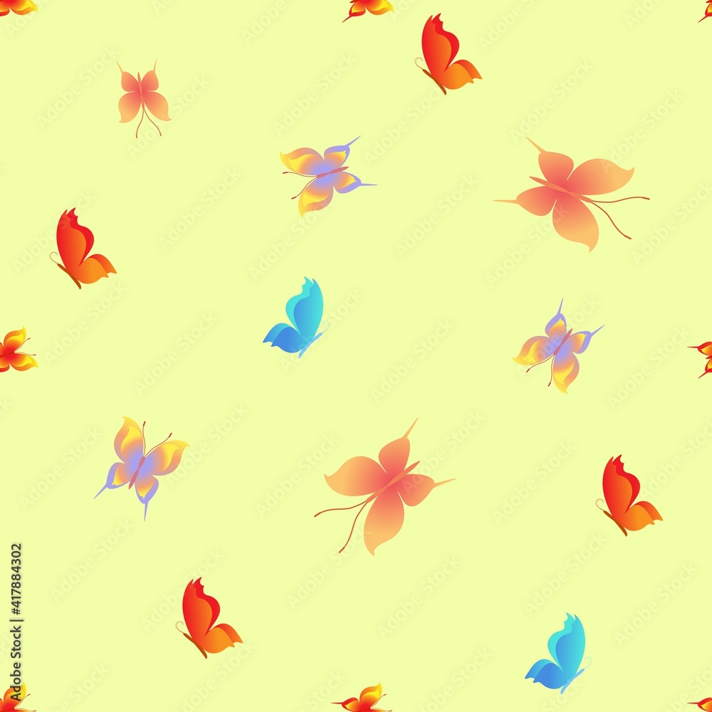 Summer pattern with color butterflies on yellow