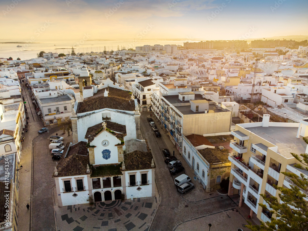Aerial view of Olhao with a church in the foreground, Algarve, Portugal