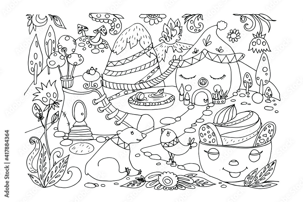 illustration of fairy houses. Coloring sheet.
