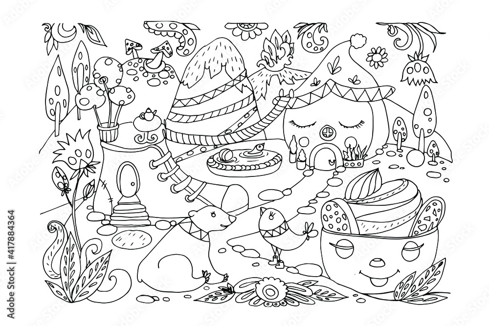 illustration of fairy houses. Coloring sheet. illustration of fairy houses. Coloring sheet.