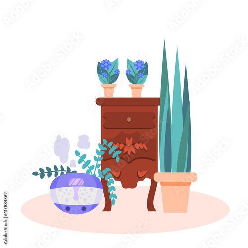 Vector illustration of a room with a humidifier in a flat style. The humidifier sits on an antique nightstand, surrounded by indoor plants . The concept of a healthy climate in the house.