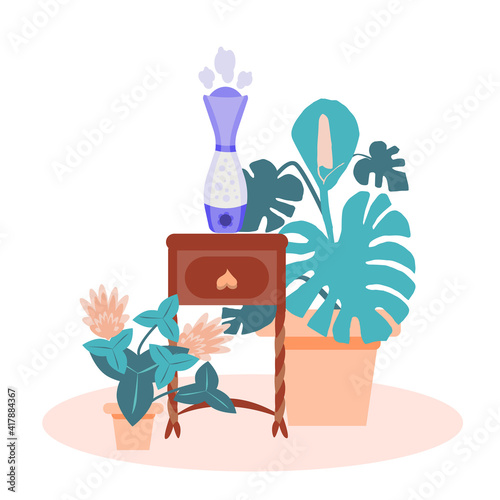 Vector illustration of a room with a humidifier in a flat style. The humidifier sits on an antique nightstand, surrounded by indoor plants . The concept of a healthy climate in the house.