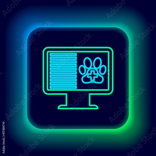 Glowing neon line Medical clinical record pet on monitor icon isolated on black background. Health insurance form. Prescription, medical check marks report. Colorful outline concept. Vector.