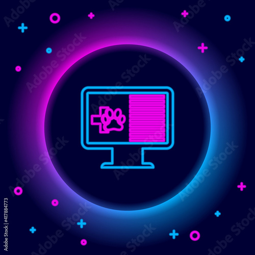 Glowing neon line Medical clinical record pet on monitor icon isolated on black background. Health insurance form. Prescription, medical check marks report. Colorful outline concept. Vector.
