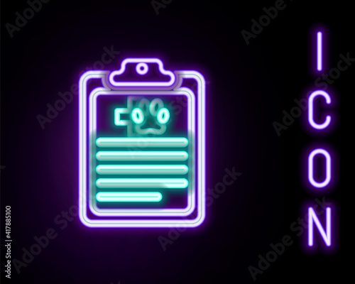 Glowing neon line Clipboard with medical clinical record pet icon isolated on black background. Health insurance form. Medical check marks report. Colorful outline concept. Vector.