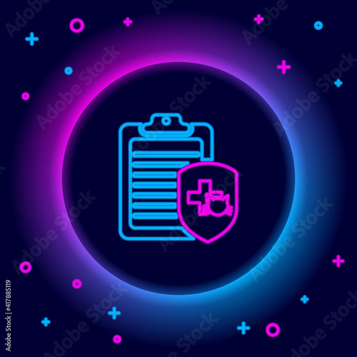 Glowing neon line Clipboard with medical clinical record pet icon isolated on black background. Health insurance form. Medical check marks report. Colorful outline concept. Vector.