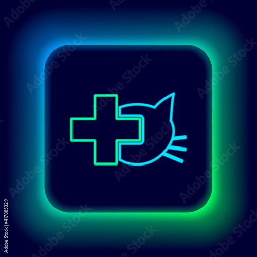 Glowing neon line Veterinary clinic symbol icon isolated on black background. Cross with cat veterinary care. Pet First Aid sign. Colorful outline concept. Vector.