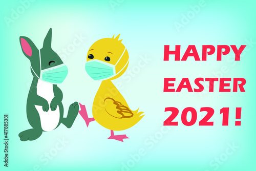 Easter Bunny and Duck wearing face masks against covid-19 and giving foot shake. Easter vector greeting card. Coronavirus alert for 2021.