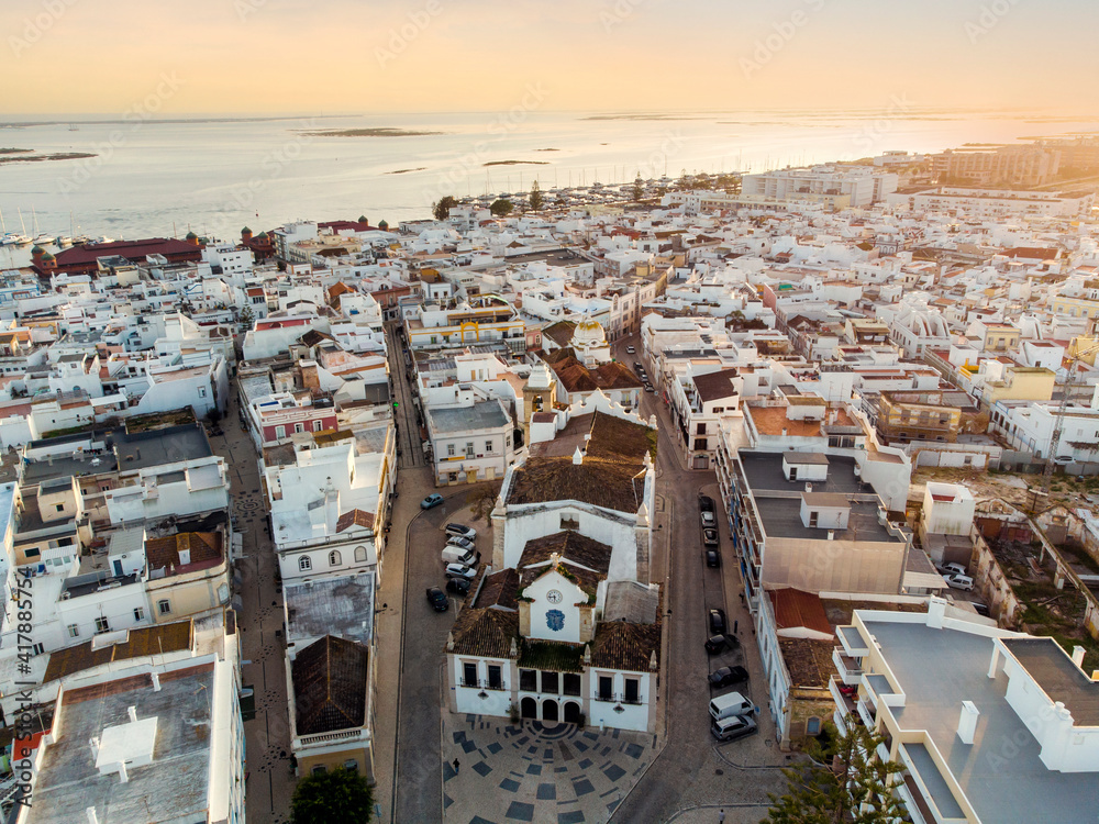 Aerial view of Olhao with a church in the foreground, Algarve, Portugal
