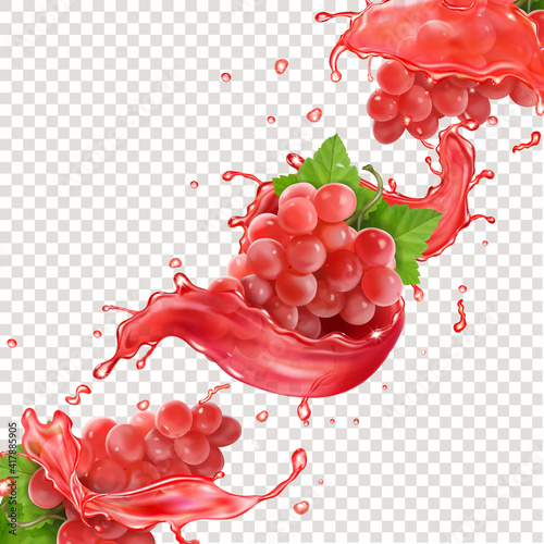 Red grapes in juice splash realistic. Bunch of pink table grape in splashig wine. 3d vector