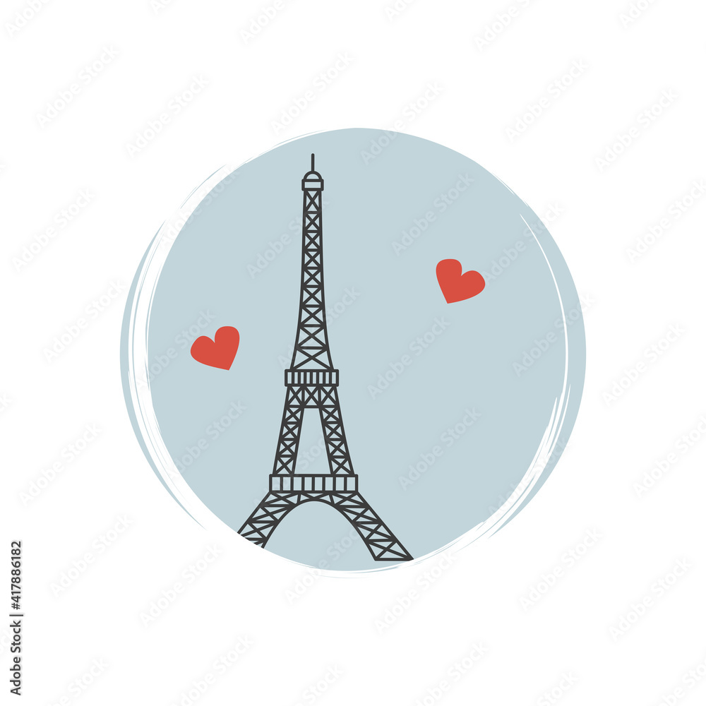 Cute logo or icon vector with Paris symbol, illustration on circle with brush texture, for social media story and highlights	