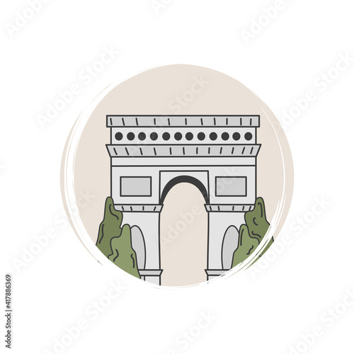 Cute logo or icon vector with Arch of Triumph, illustration on circle with brush texture, for social media story and highlights	
