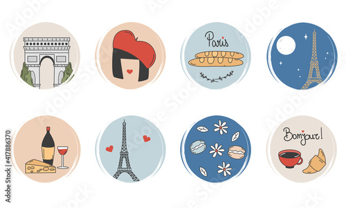 cute Vector set of logo design templates, icons and badges for social media highlight with parisian elements