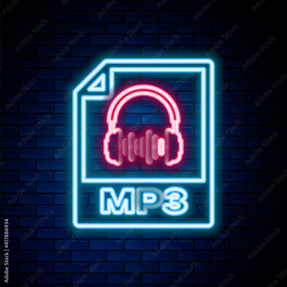 Glowing neon line MP3 file document. Download mp3 button icon isolated on brick wall background. Mp3 music format sign. MP3 file symbol. Colorful outline concept. Vector. Glowing neon line MP3 file document. Download mp3 button icon isolated on brick wall background. Mp3 music format sign. MP3 file symbol. Colorful outline concept. Vector.