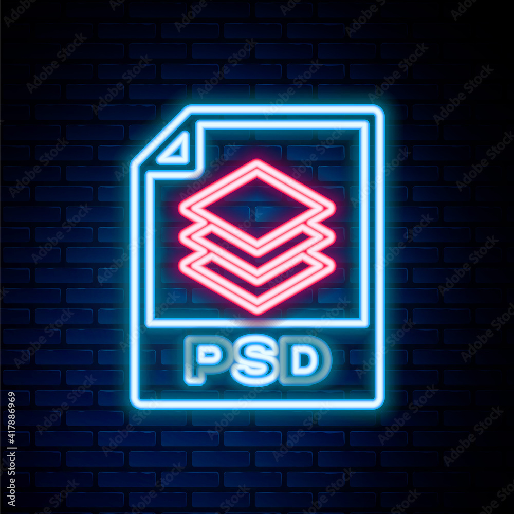 Glowing neon line PSD file document. Download psd button icon isolated on brick wall background. PSD file symbol. Colorful outline concept. Vector.