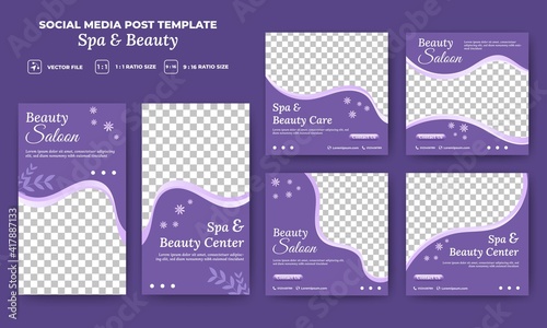 Set of Editable social media post template for spa and beauty. Purple background with flowers ornament. Vector illustration with photo collage. Suitable for social media feed, story, flyers, and web.