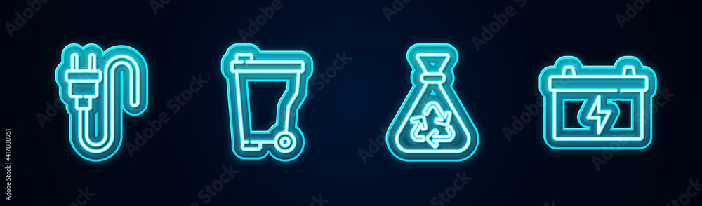 Set line Electric plug, Trash can, Garbage bag with recycle and Car battery. Glowing neon icon. Vector. Set line Electric plug, Trash can, Garbage bag with recycle and Car battery. Glowing neon icon. Vector.