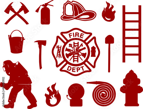 Fire department equipment, firefighter in uniform, mask, helmet. Fire extinguisher, fire-truck, steel ladder, gas mask, water hydrant, alarm siren, bucket, helmet, pickaxe, shovel, axe