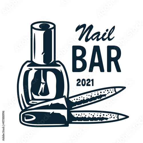 Manicure nailfile, polish or varnish in bottle with brush for nail bar and beauty salon. Emblem for fingernail studio or logo of manicurist service