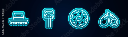 Set line Spanish hat, Peineta, Football ball and Castanets. Glowing neon icon. Vector.