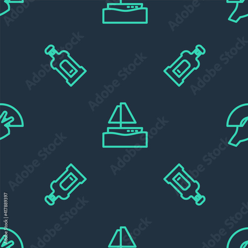 Set line Yacht sailboat, Orujo and Fan flamenco on seamless pattern. Vector.