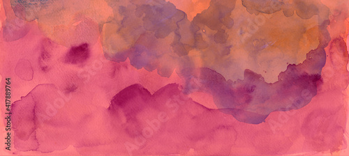 Pink and purple watercolor paint splash or blotch background, blotches and blobs of paint and old vintage watercolor paper texture grain