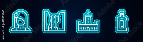 Set line Spanish woman, Algar waterfall, Montjuic castle and Orujo. Glowing neon icon. Vector.