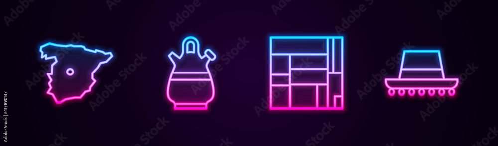 Set line Map of Spain, Sangria pitcher, House Edificio Mirador and Spanish hat. Glowing neon icon. Vector. Set line Map of Spain, Sangria pitcher, House Edificio Mirador and Spanish hat. Glowing neon icon. Vector.