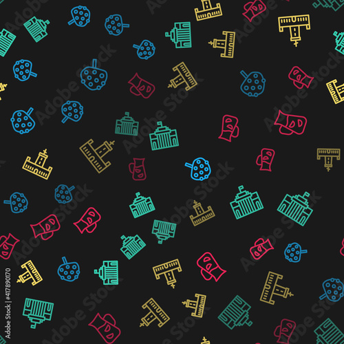 Set line Orange tree, Prado museum, Montjuic castle and Sangria on seamless pattern. Vector.