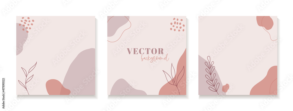 Abstract floral organic backgrounds for instagram posts. Set of vector minimal square templates with copy space for text