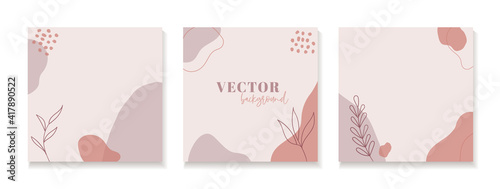 Abstract floral organic backgrounds for instagram posts. Set of vector minimal square templates with copy space for text